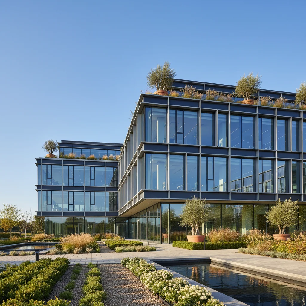 The Baymont Review editorial office - modern glass-and-steel building