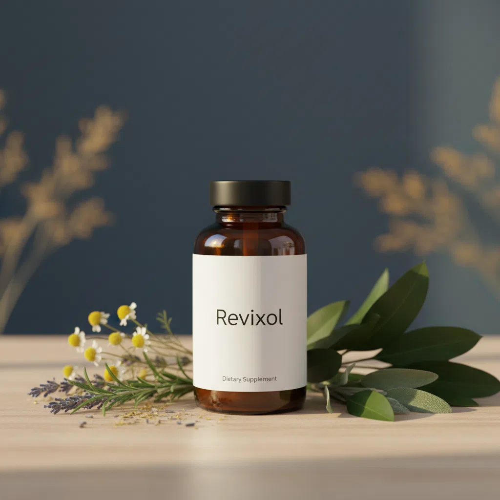 Revixol supplement bottle alongside botanical herbs - ear wellness capsules UK review